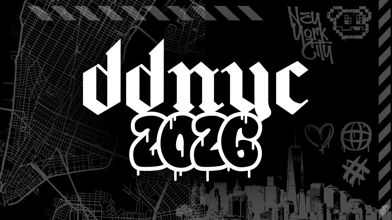 DDNYC 2026 graffiti logo over a New York City map with a pixel dog mark
