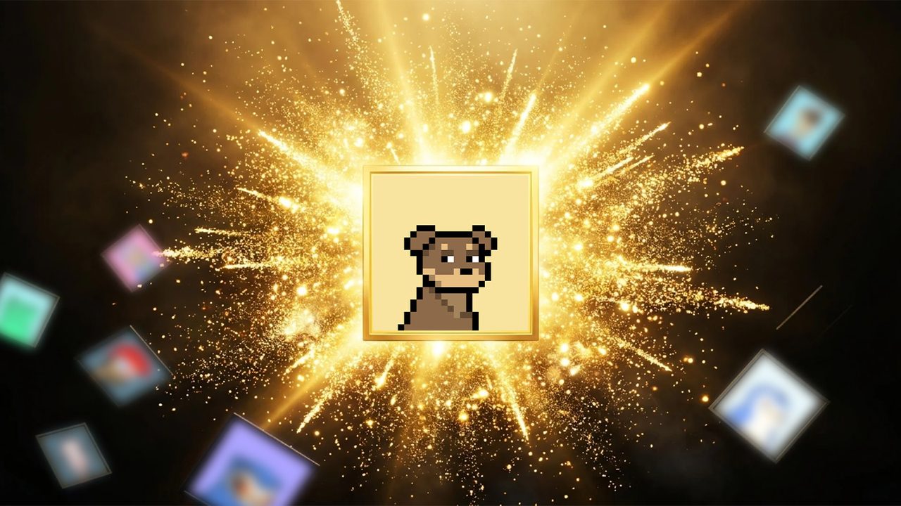 Gold-framed Doginal Dogs pixel NFT bursting with fireworks and sparkles among floating NFT cards