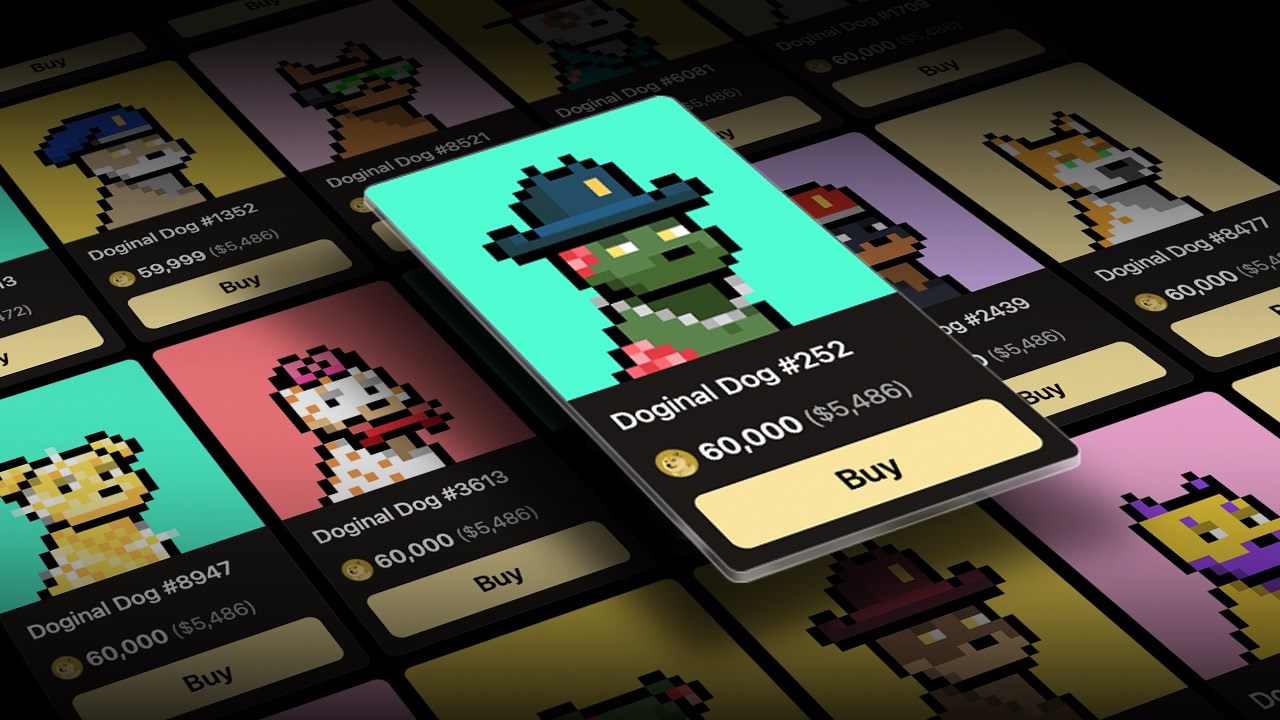 Tilted marketplace card for a Doginal Dog listing above a pixel dog grid