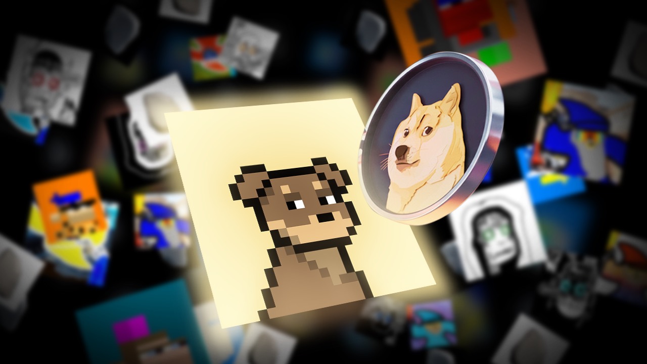 Phone showing a Doginal Dogs NFT beside Bitcoin, Ethereum, and Dogecoin