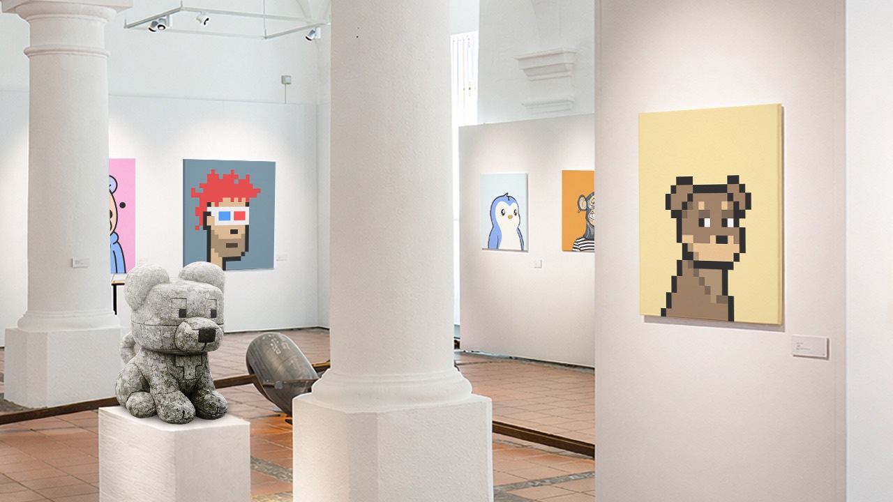 Gallery showing a Doginal Dogs pixel painting and a stone pixel dog sculpture