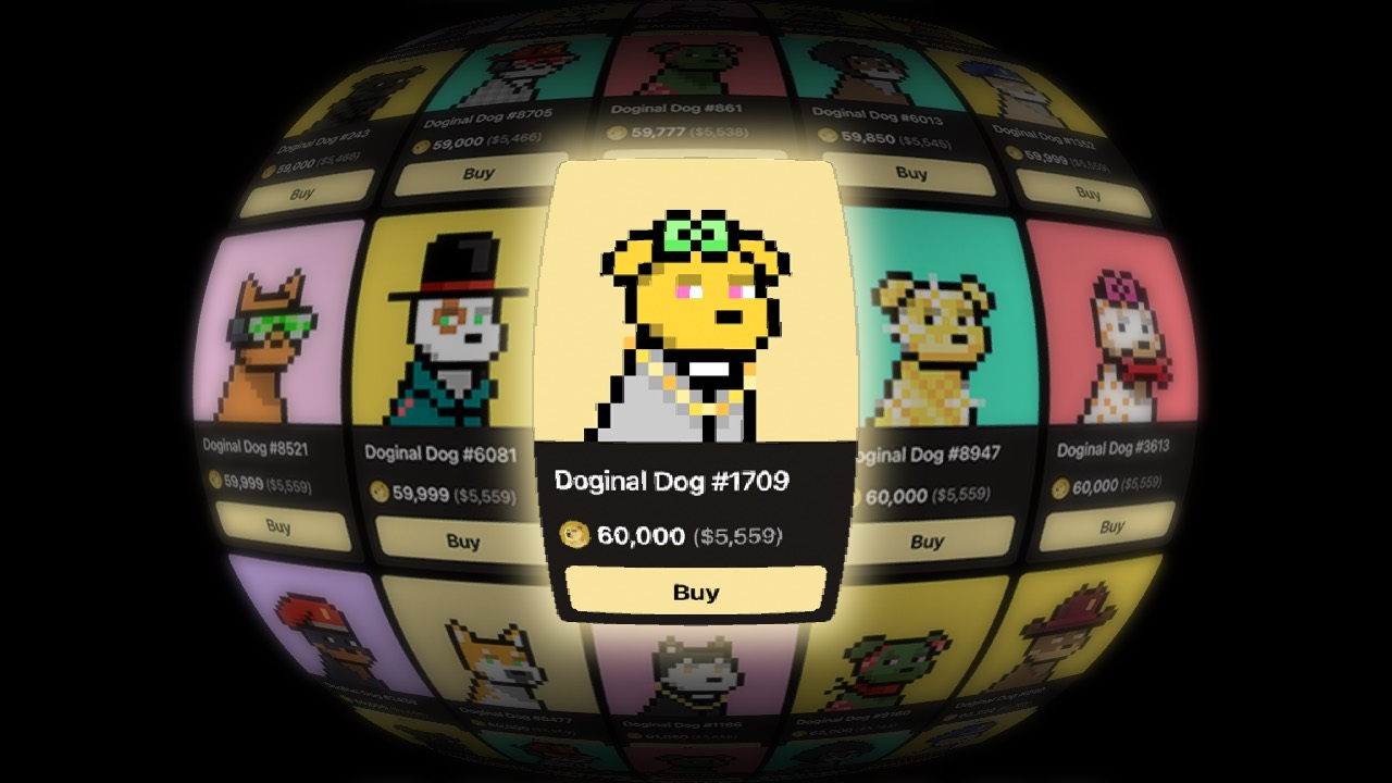 Spherical Doginal Dogs NFT marketplace showing pixel dog listings in DOGE